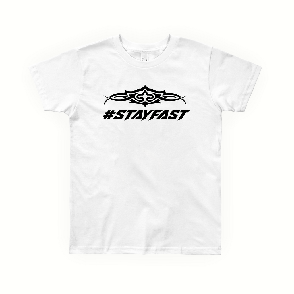 A white short-sleeve crewneck t-shirt with a black graphic on the chest featuring a tribal-style emblem above the hashtag text '#STAYFAST'.