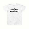 A white short-sleeve crewneck t-shirt with a black graphic on the chest featuring a tribal-style emblem above the hashtag text '#STAYFAST'.